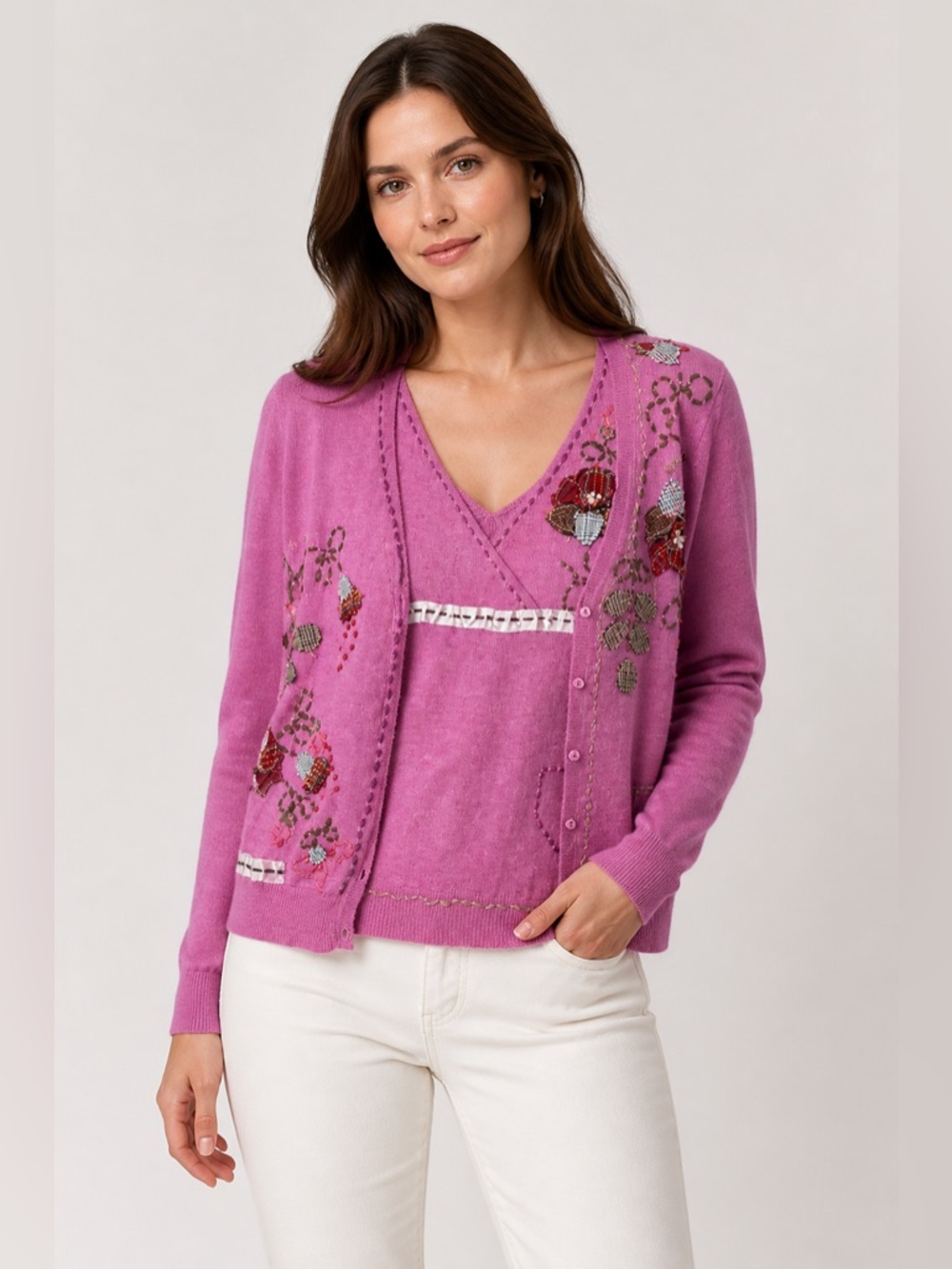 Cottagecore Cashmere Blend Twin Set Floral Embroidered Patchwork Coquette Twee